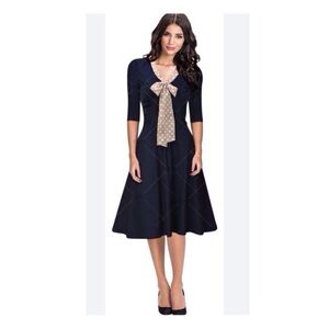 Miusol Elegant Navy Dress with Cream Polka Dot Bow Collar size small